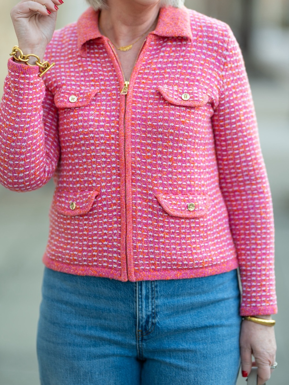 Talbots XLP Tweed Collared Zip Cardigan Blazer Dash Stripe Pink